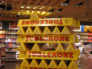 Image of the pile of Toblerone chocolate in the grocery store